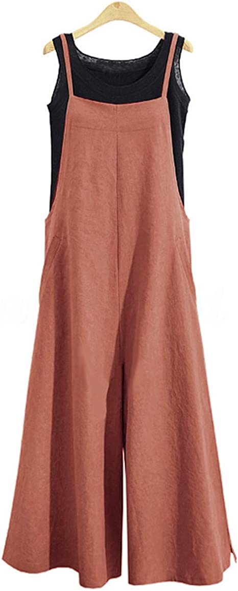 Women Casual Loose Long Bib Pants Wide Leg Jumpsuits Baggy Cotton Rompers Overalls with Pockets