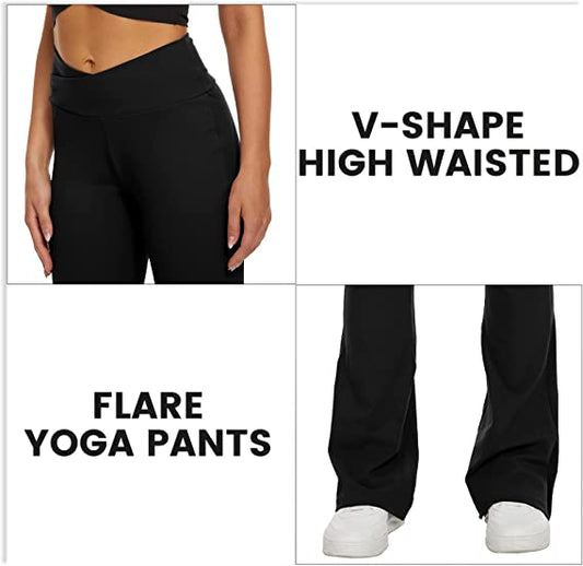 Women’s Black Flare Yoga Pants, Crossover High Waisted Casual Bootcut Leggings